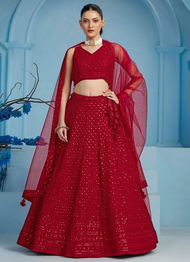 Red Georgette Embroidered Sequins Lehenga