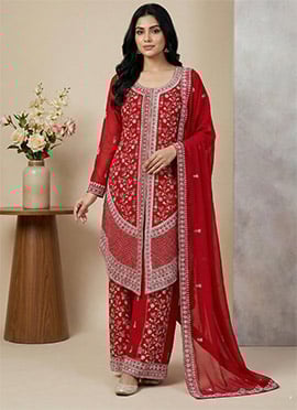 Red Georgette Embroidered Sequins Palazzo Suit