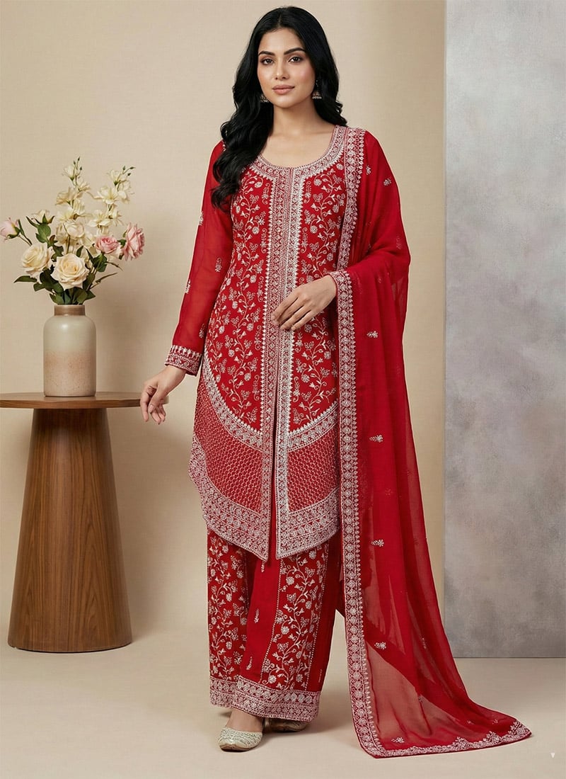 Red Georgette Embroidered Sequins Palazzo Suit Festive Wear