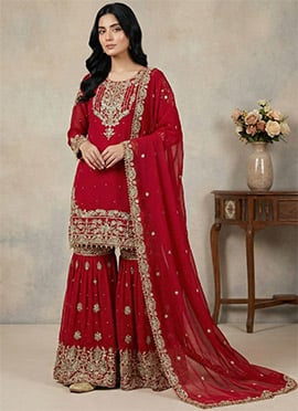 Red Georgette Embroidered Sequins Sharara Suit