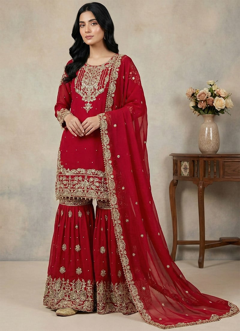 Red Georgette Embroidered Sequins Sharara Suit Festive Wear