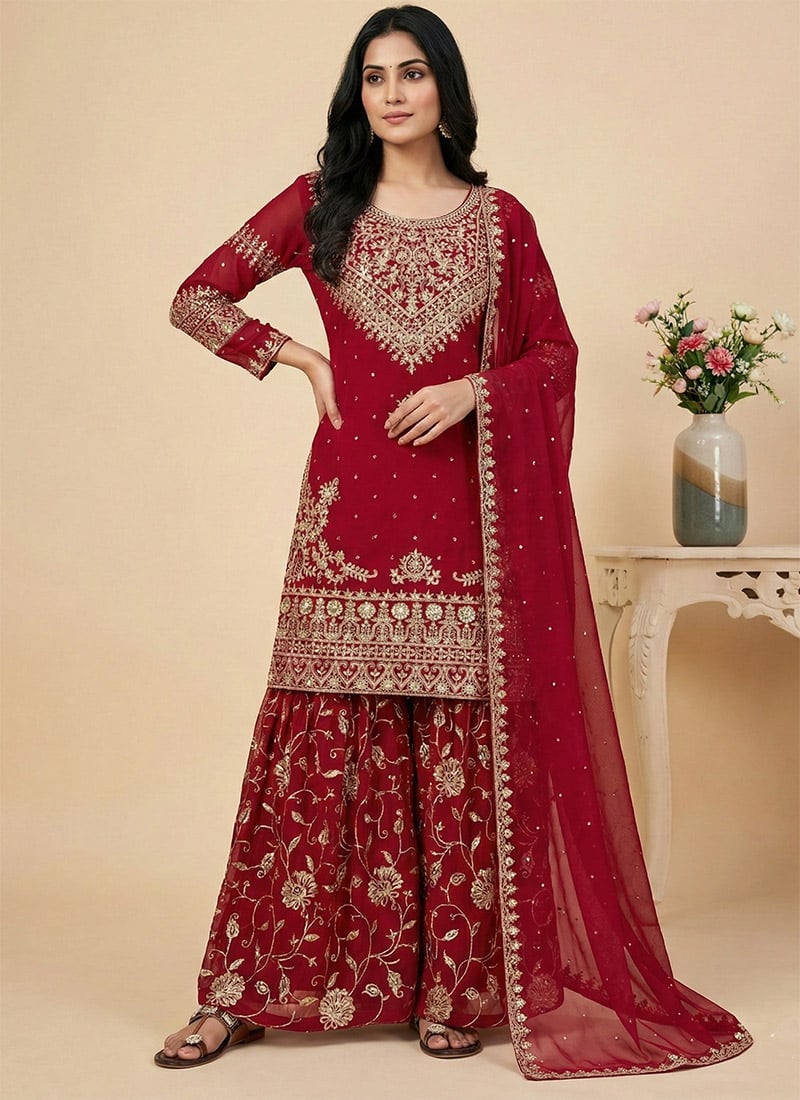 Red Georgette Embroidered Sequins Sharara Suit Festive Wear