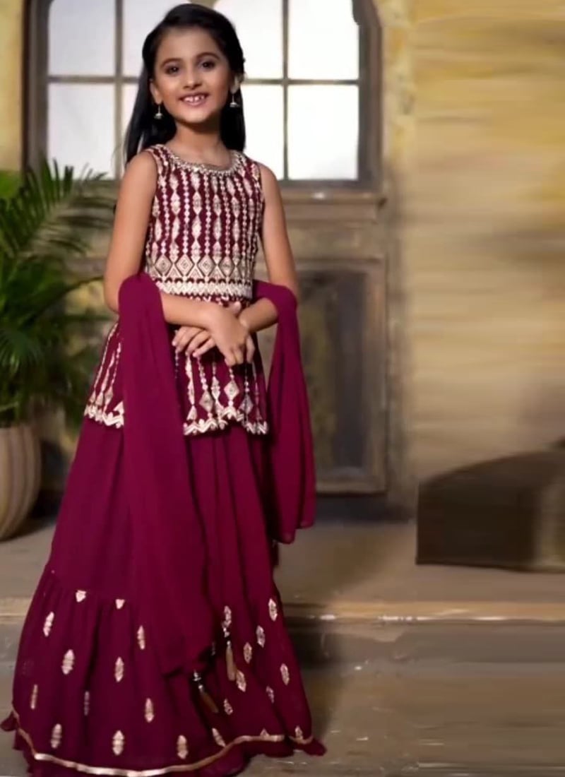 Red Georgette Embroidered Sharara Suit For Kids Girls