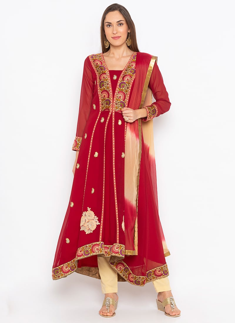 Red Georgette Embroidered Straight Pant Suit Party Wear
