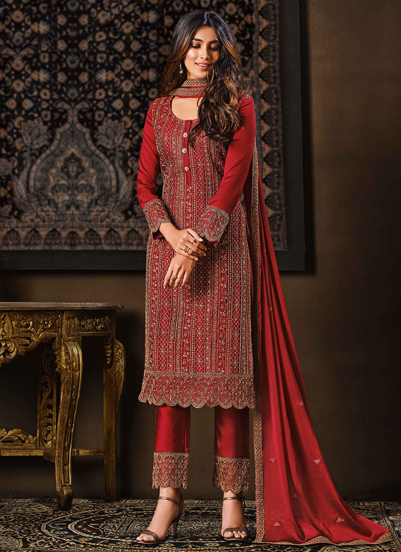Buy Red Embroidery Straight Pant Suit Party Wear, Sequins