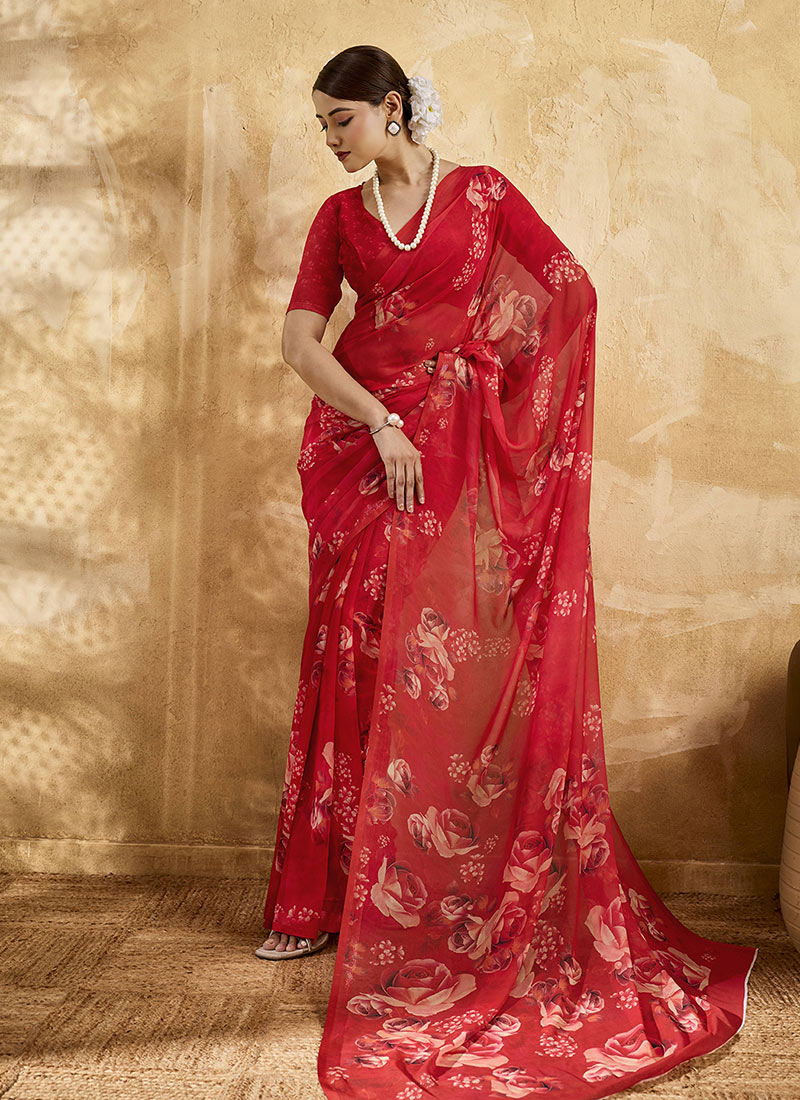 Red Georgette Floral Printed Saree After Six Wear