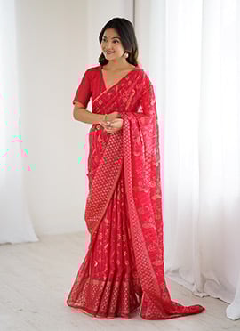 Red Georgette Foil Print Saree After Six Wear