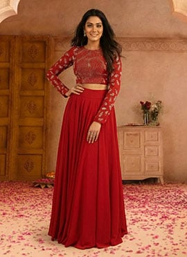 Red Georgette Hand Embroidered Lehenga