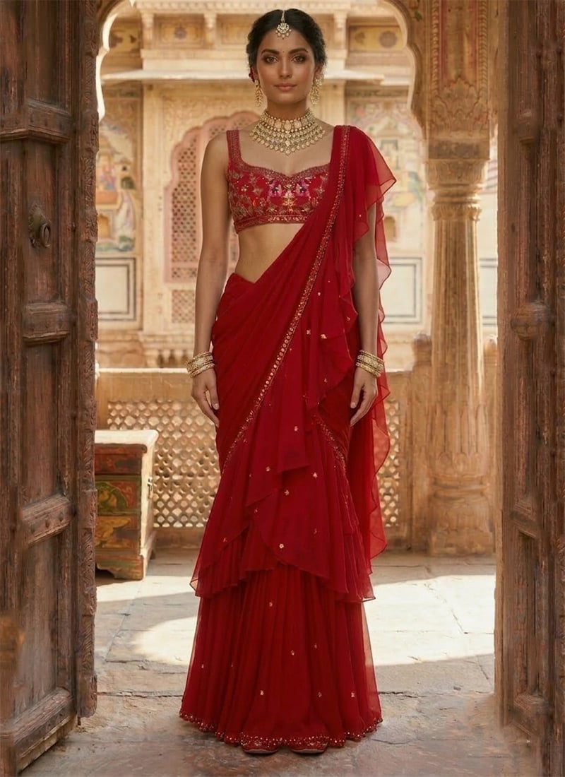 Red Georgette Hand Embroidered Sequins Ruffled Saree Wedding Wear