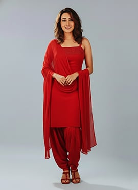 Red Georgette Hand Embroidery Dhoti Suit