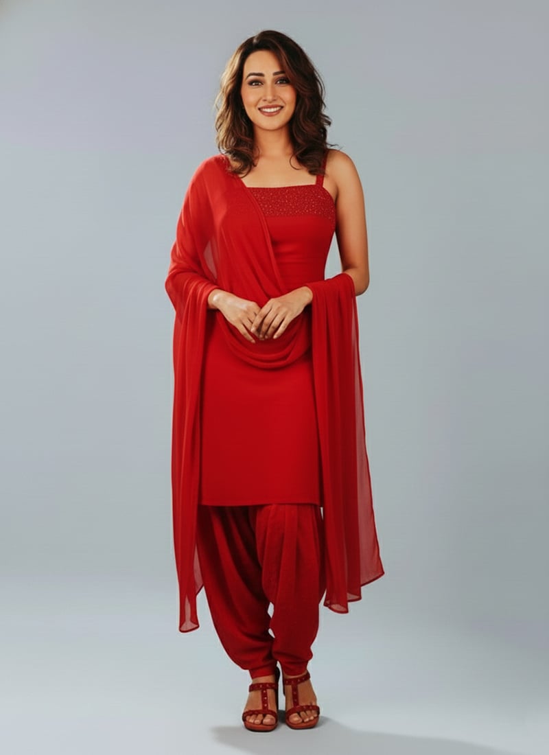 Red Georgette Hand Embroidery Dhoti Suit Festive Wear