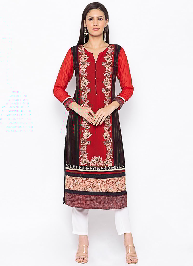 Red Georgette Knee Length Kurti Party Wear