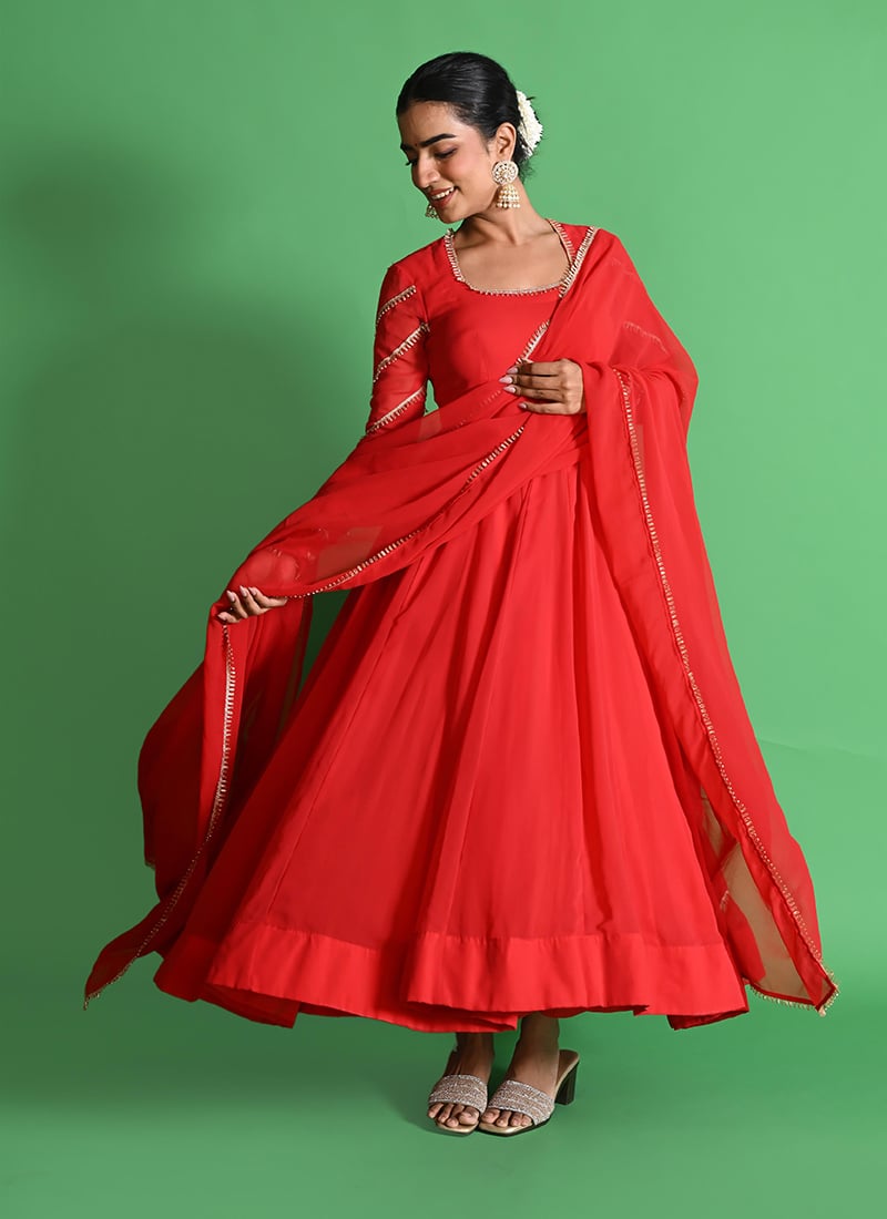 Red Georgette Lace Work Anarkali Suit Festive Wear