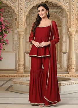 Red Georgette Lace Work Sharara Suit