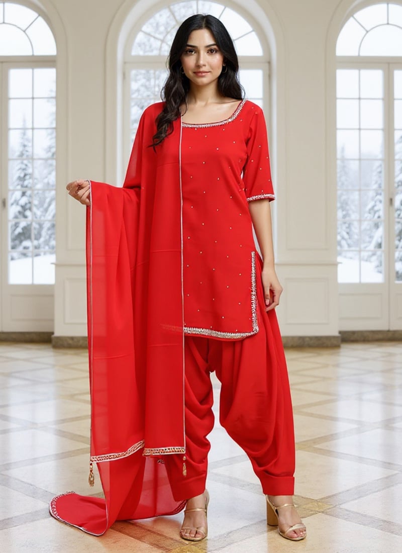 Red Georgette Moti Work Salwar Suit Festive Wear