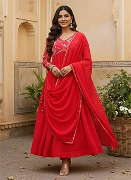 Red Georgette Printed Anarkali Suit