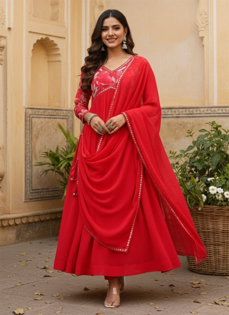 Red Georgette Printed Anarkali Suit After Six Wear