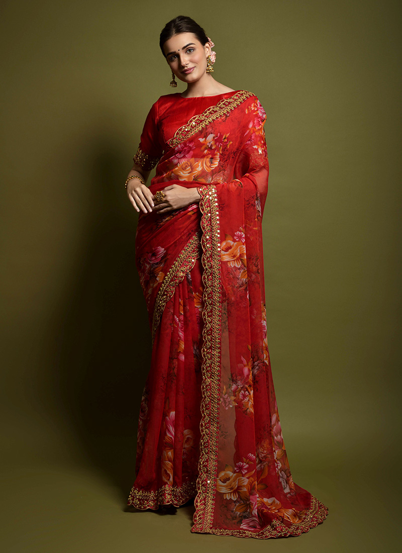 Red Georgette Printed Saree