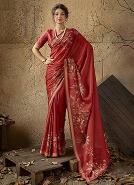 Red Georgette Printed Saree