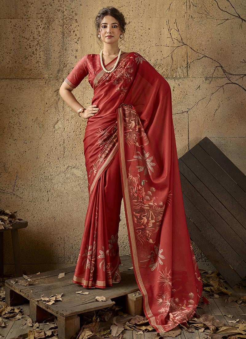 Red Georgette Printed Saree Leisure Wear