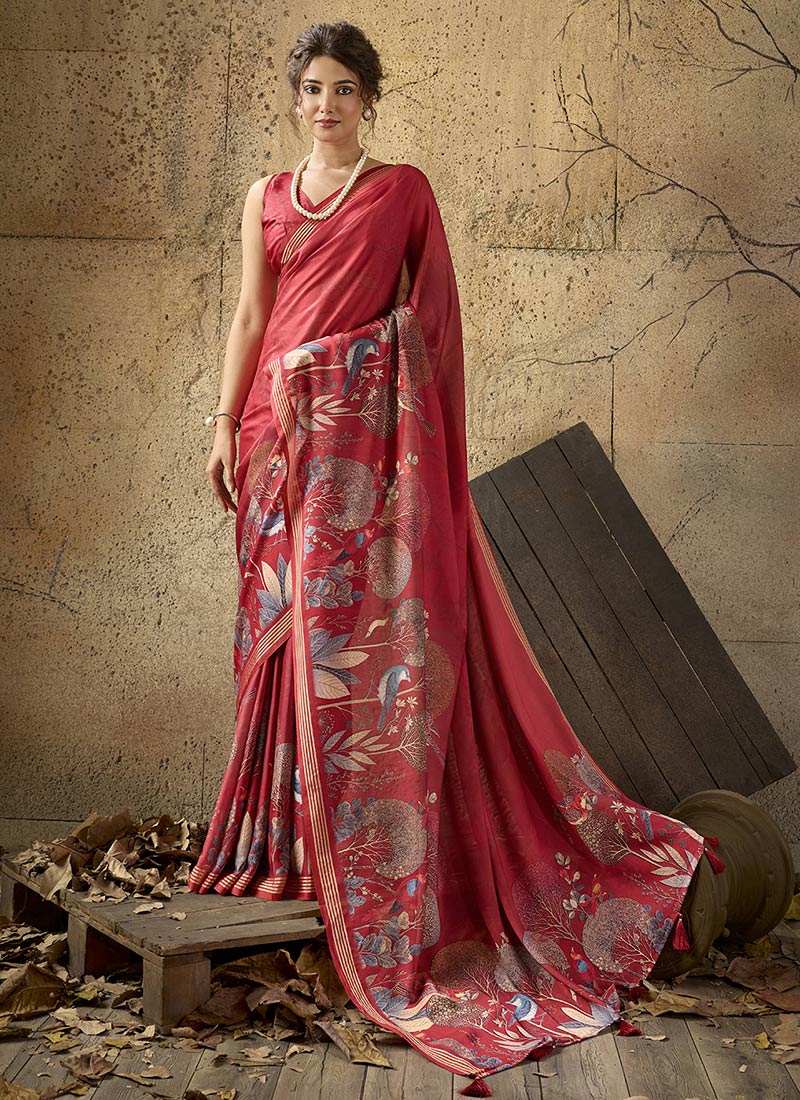 Red Georgette Printed Saree Leisure Wear