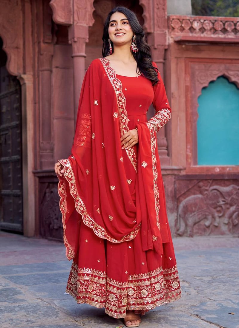 Red Georgette Sequins Embroidered Anarkali Suit After Six Wear