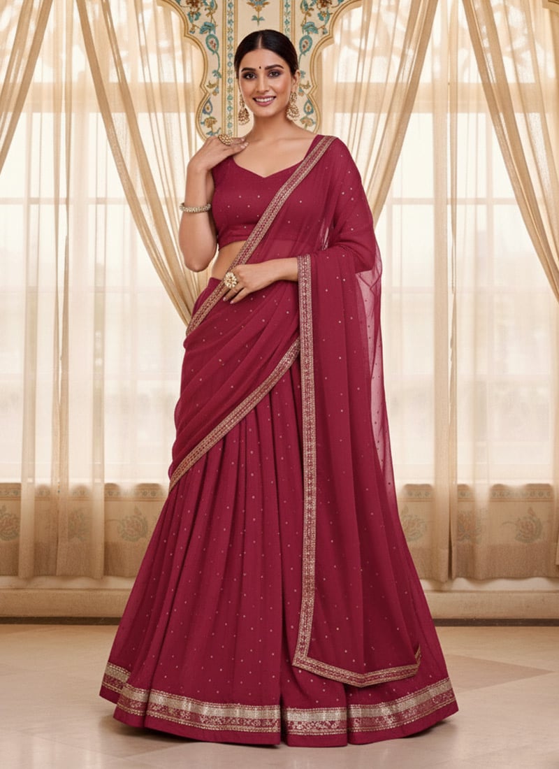 Red Georgette Sequins Lehenga Wedding Wear