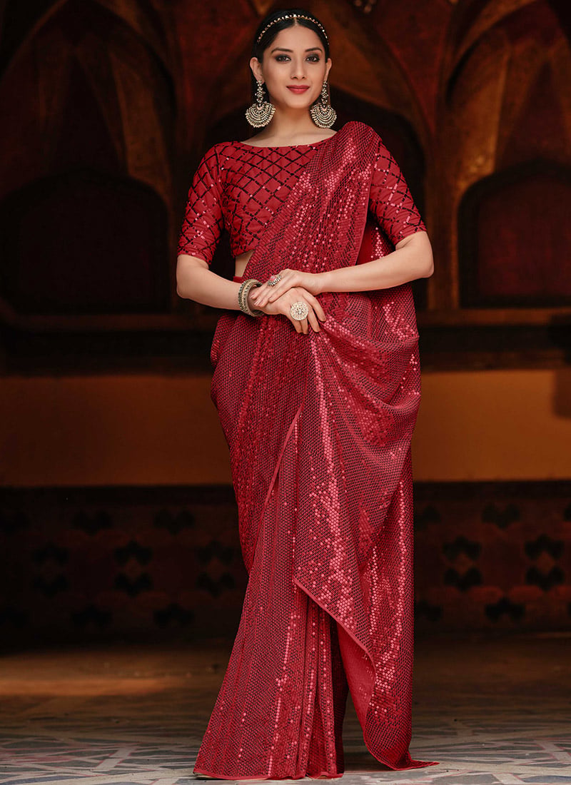 Red Georgette Sequins Stunning Saree Wedding Wear