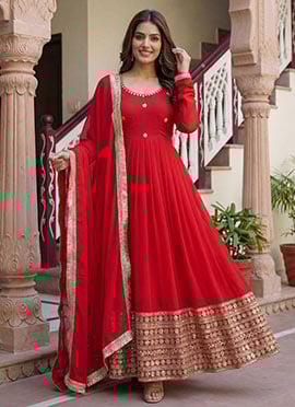Red Georgette Sequins Zari Anarkali Suit