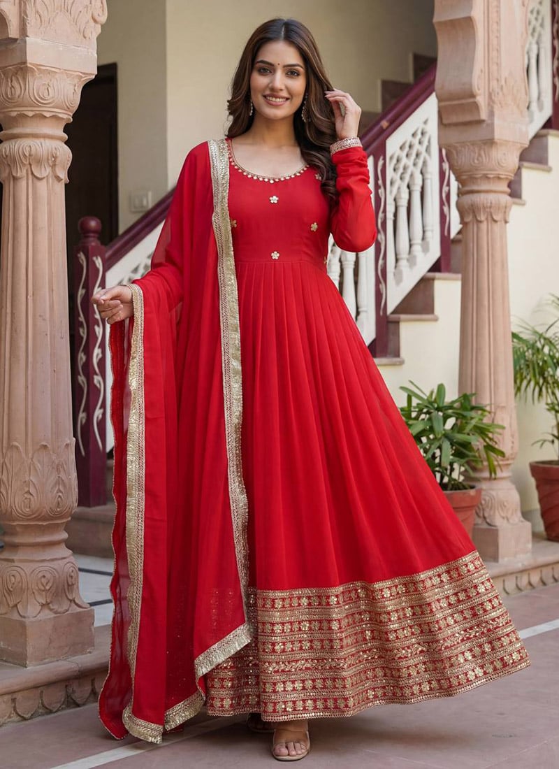 Red Georgette Sequins Zari Anarkali Suit Festive Wear