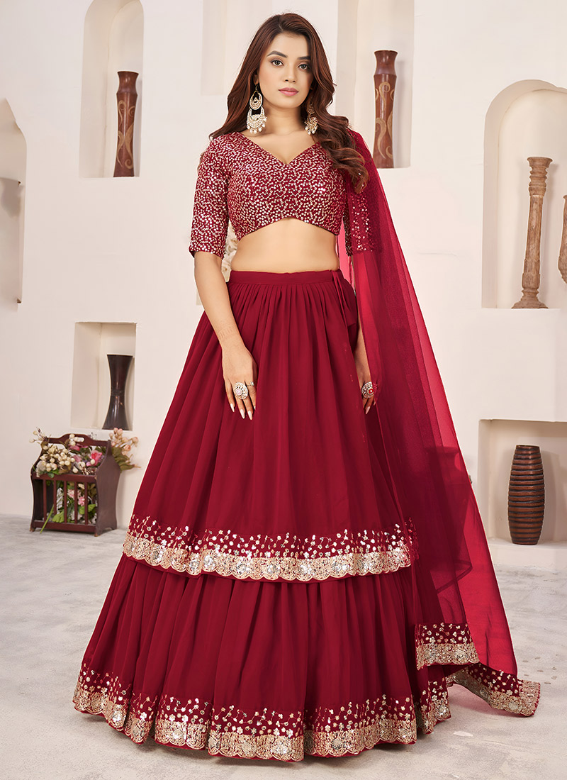 Red Georgette Sequins Zari Embroidered Lehenga Wedding Wear