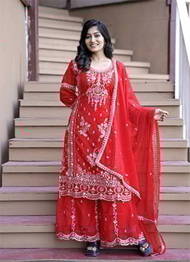Red Georgette Silk Embroidered Sequins Palazzo Suit