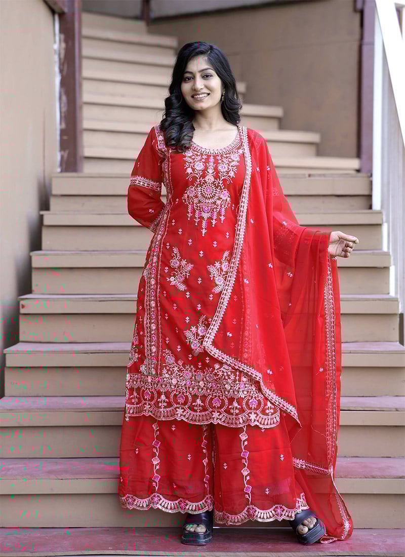Red Georgette Silk Embroidered Sequins Palazzo Suit Festive Wear