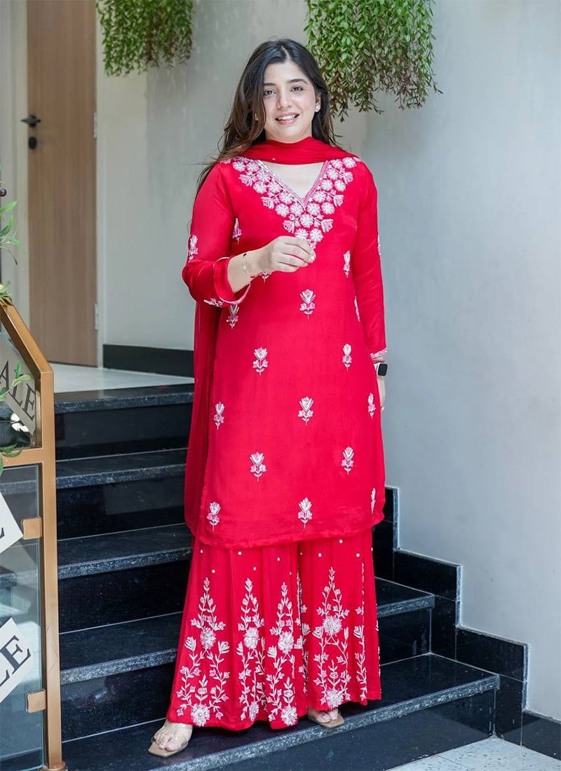 Red Georgette Silk Embroidered Sequins Sharara Suit Festive Wear