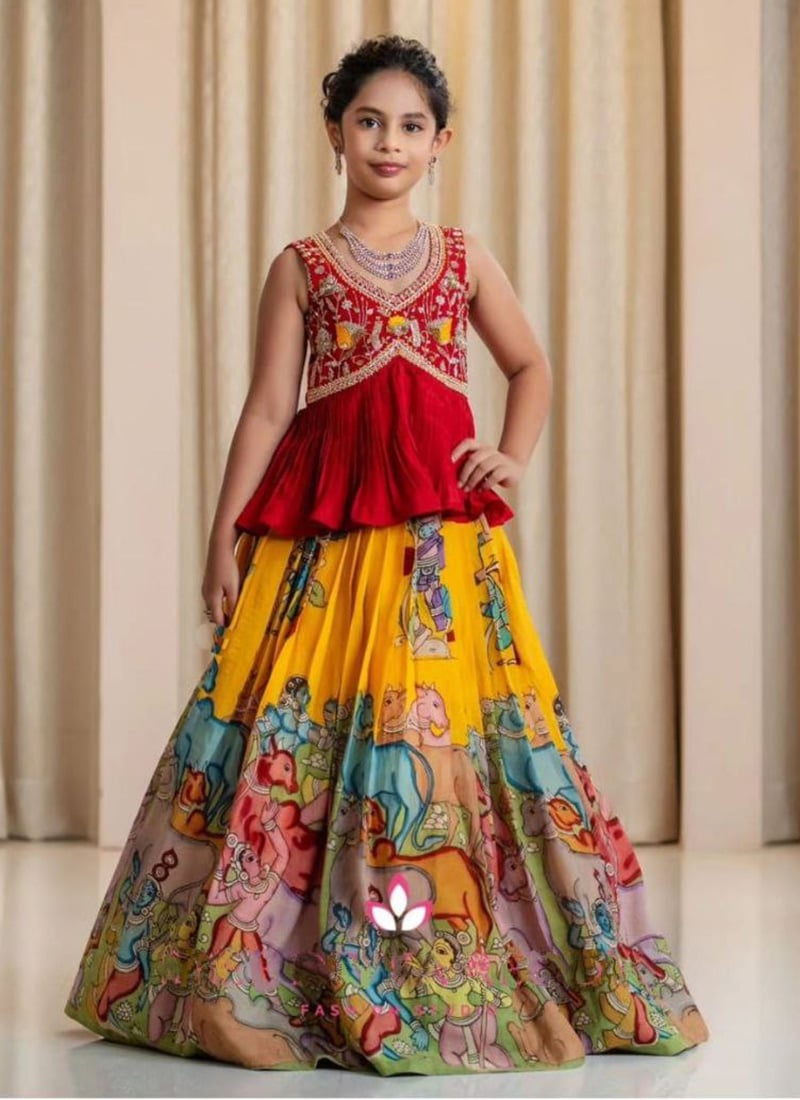Red Georgette Silk Embroidery Digital Print Lehenga For Kids Girls  Festive Wear