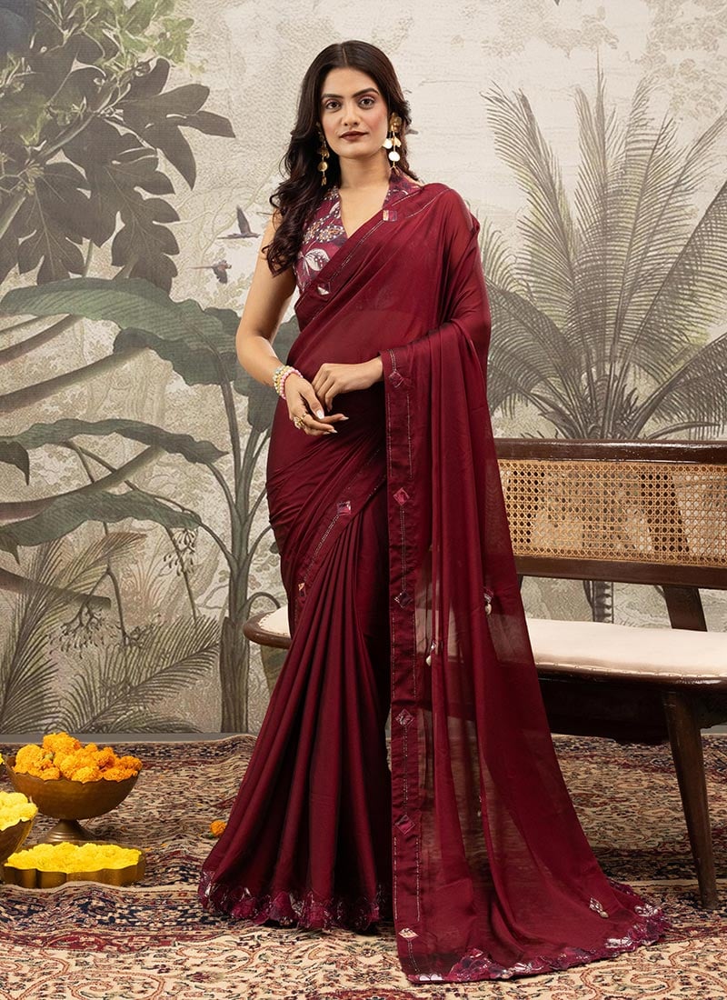 Red Georgette Silk Printed Saree After Six Wear