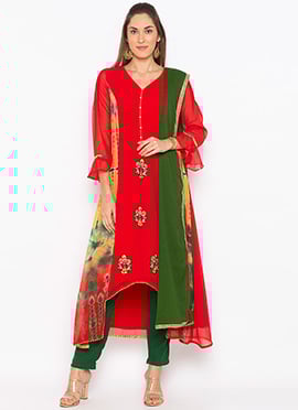 Red Georgette Straight Pant Suit