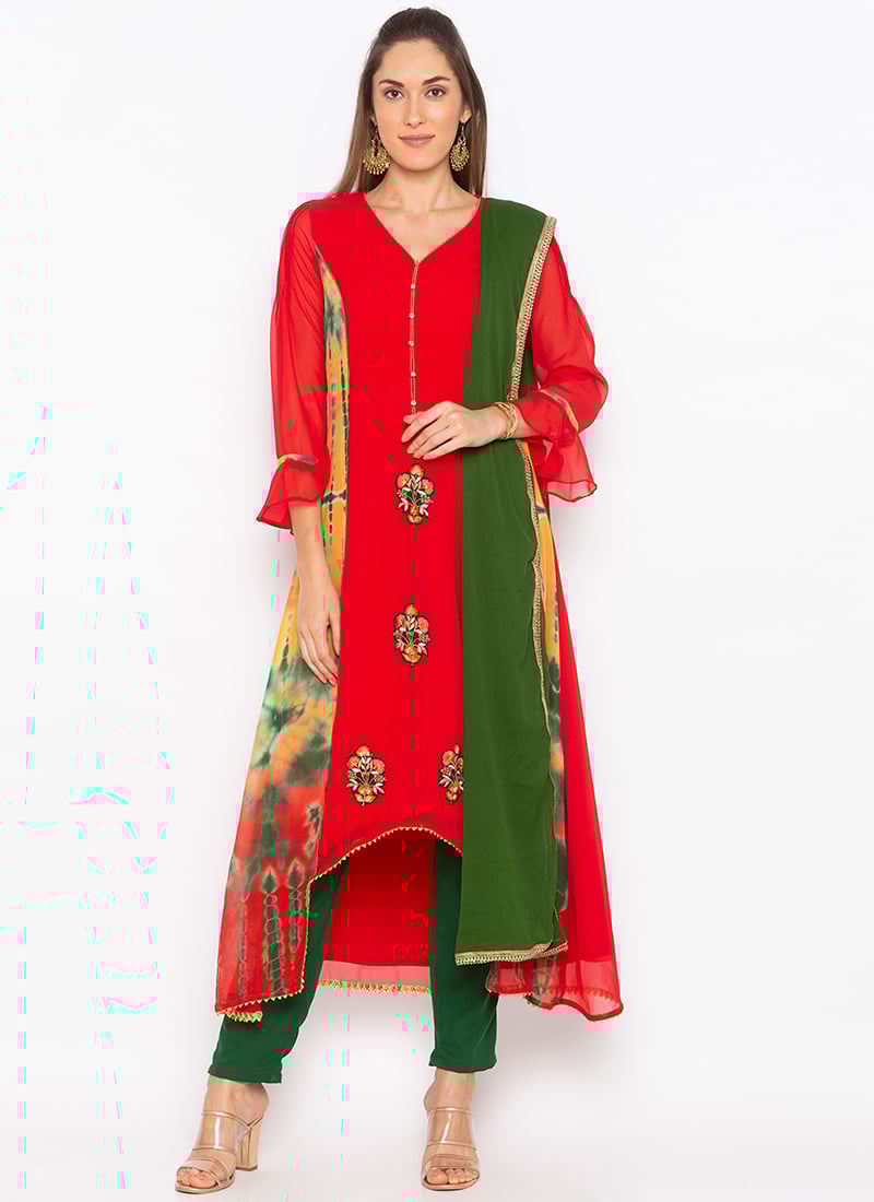 Red Georgette Straight Pant Suit Party Wear