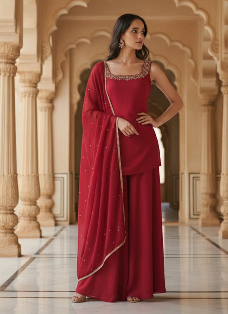 Red Georgette Zari And Sequins Hand Embroidered Palazzo Suit