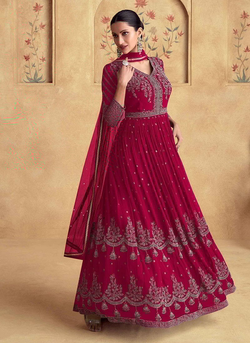 Red Georgette Zari Embroidered Sequins Abaya Style Anarkali Suit