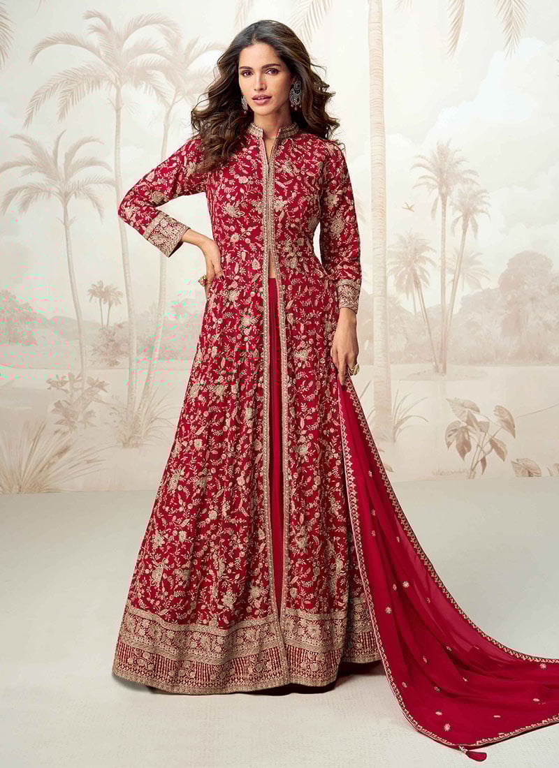 Red Georgette Zari Embroidered Sequins Anarkali Lehenga