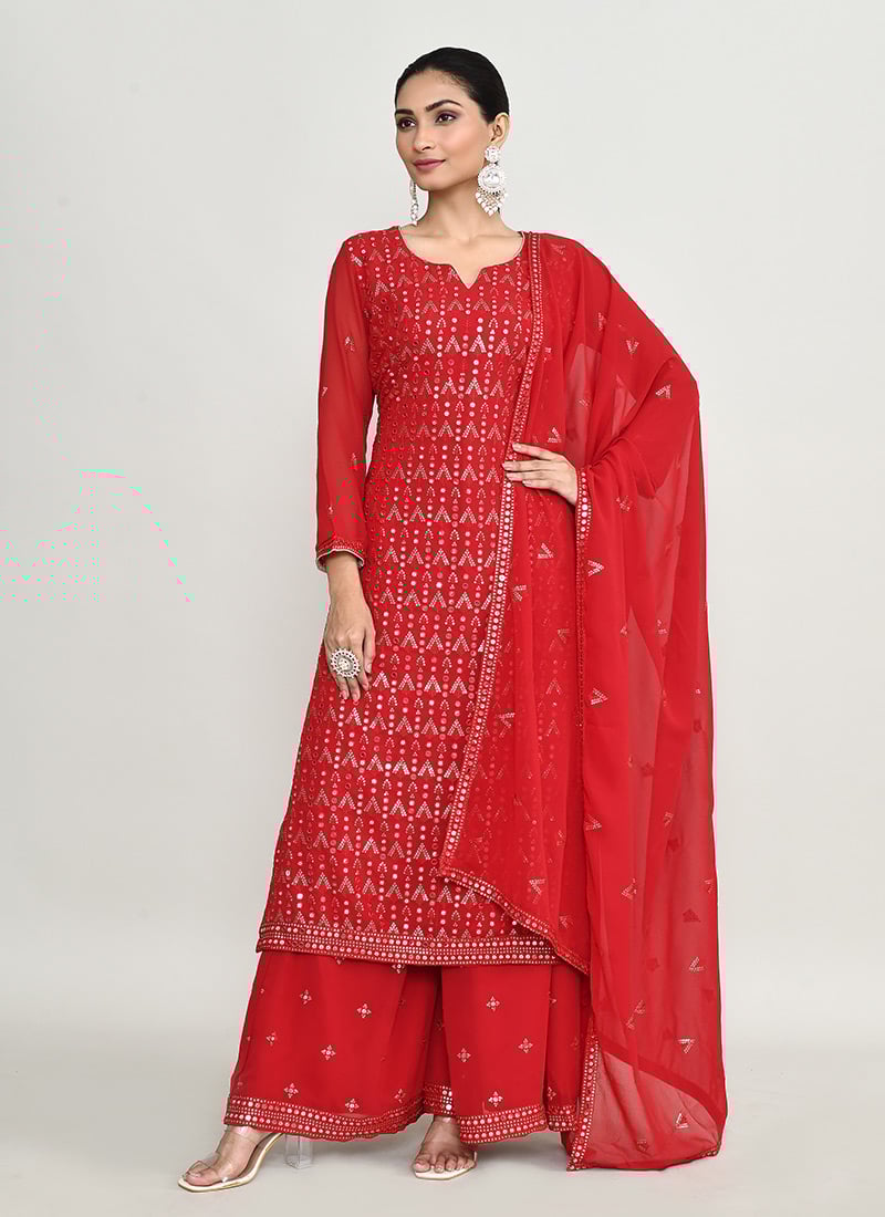 Red Georgette Zari Embroidered Sequins Palazzo Suit