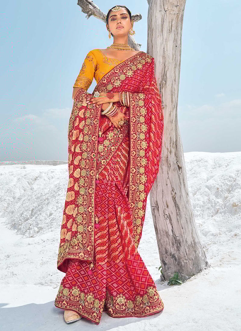 Red Georgette Zari Embroidered Sequins Stone Work Graceful Saree Wedding Wear-SASCC38927609