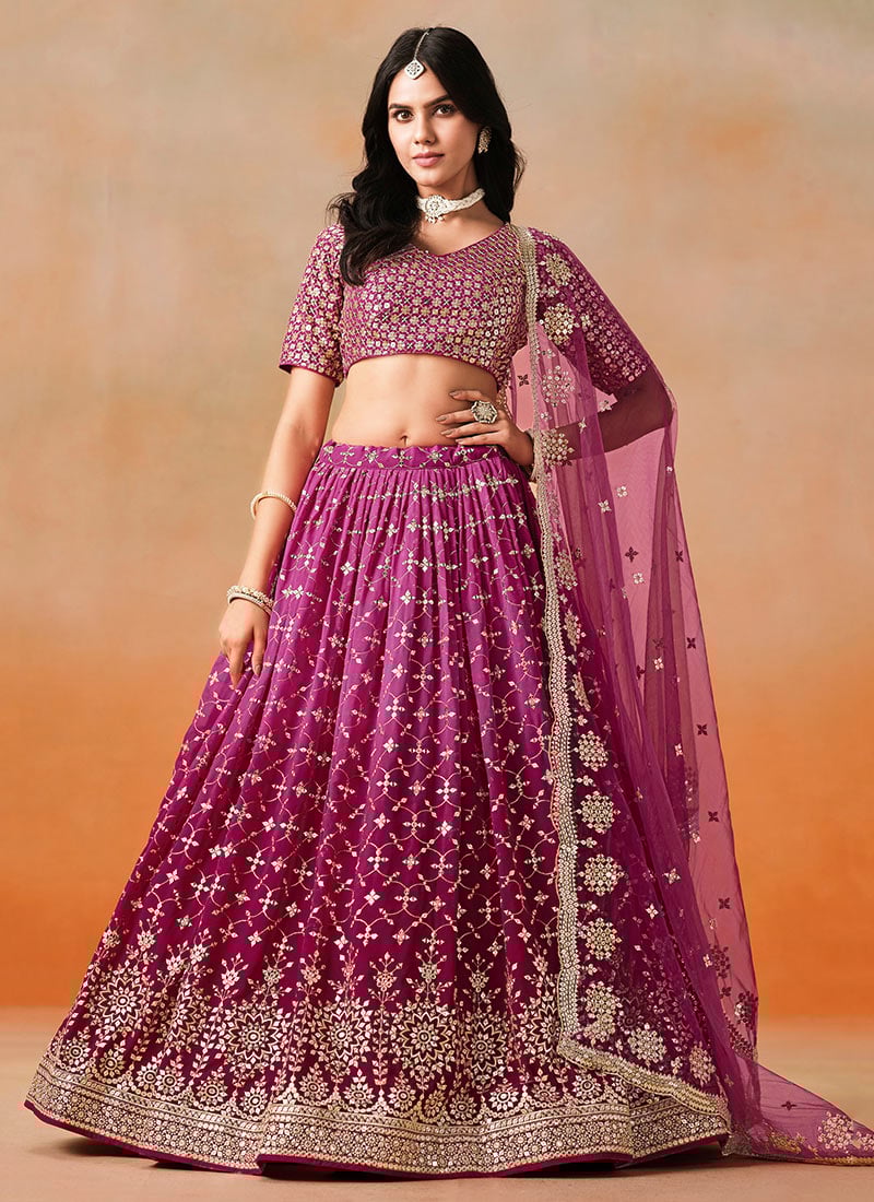 Red Georgette Zari Embroidered Sequins Umbrella Lehenga