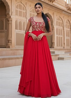 Red Georgette Zari Foil Print A Line Anarkali Suit