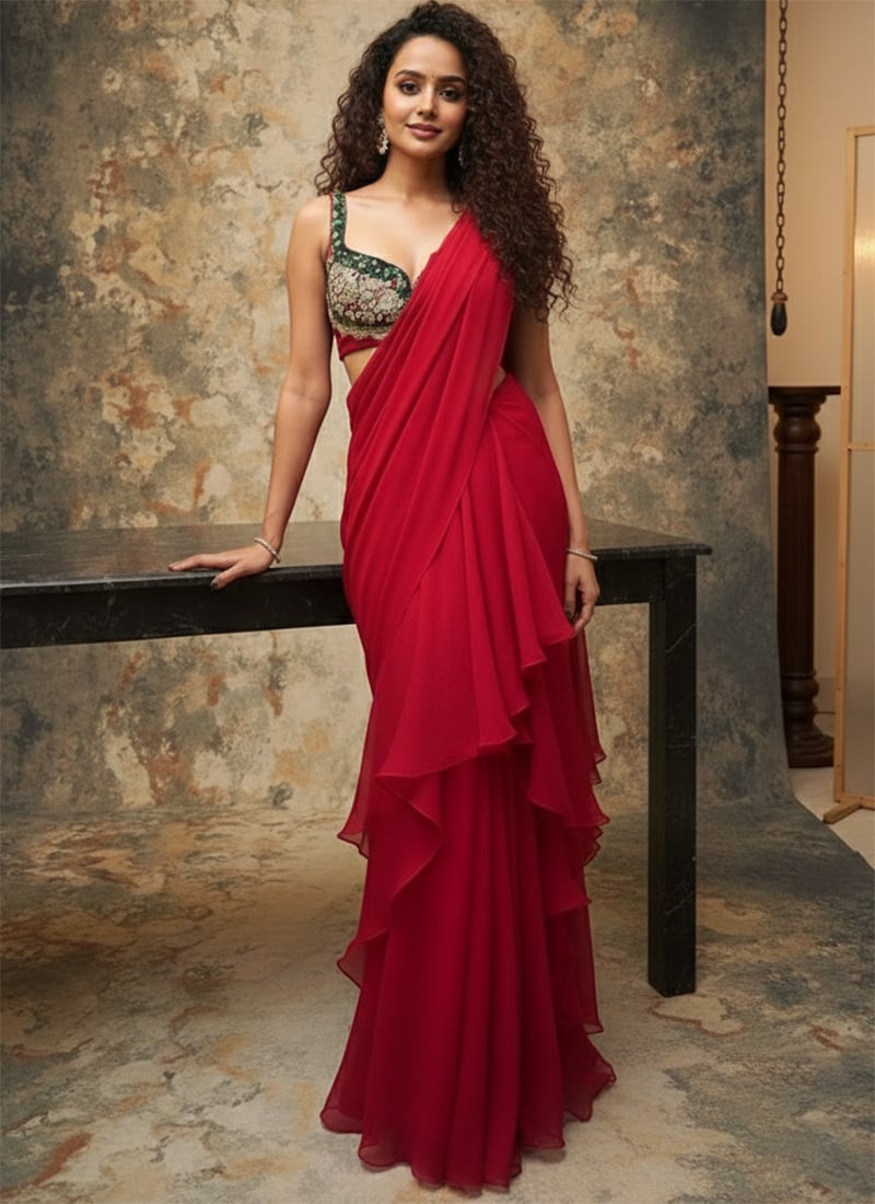 Red Georgette Zari Hand Embroidered Sequins Pre Draped Ruffle Saree Wedding Wear