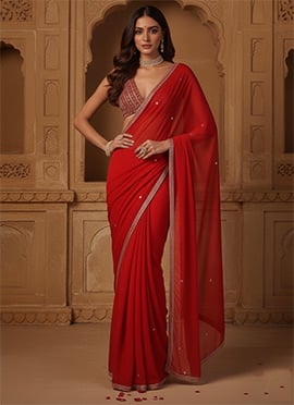 Red Georgette Zari Hand Embroidered Sequins Saree