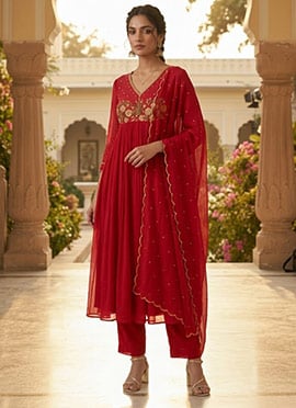 Red Georgette Zari Resham Embroidered Anarkali Suit