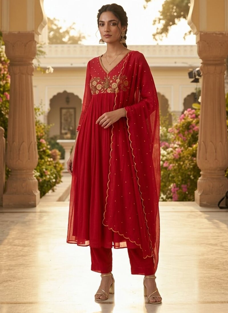 Red Georgette Zari Resham Embroidered Anarkali Suit Festive Wear