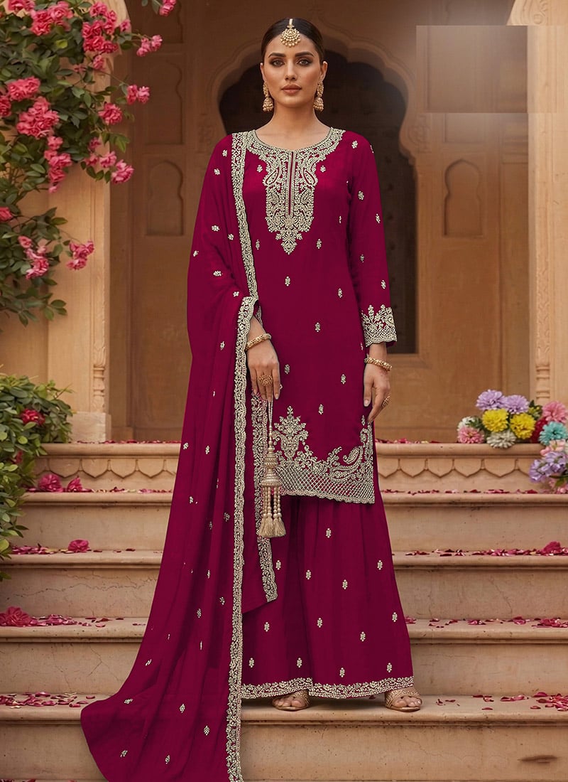Red Georgette Zari Sequin Embroidered Palazzo Suit Festive Wear